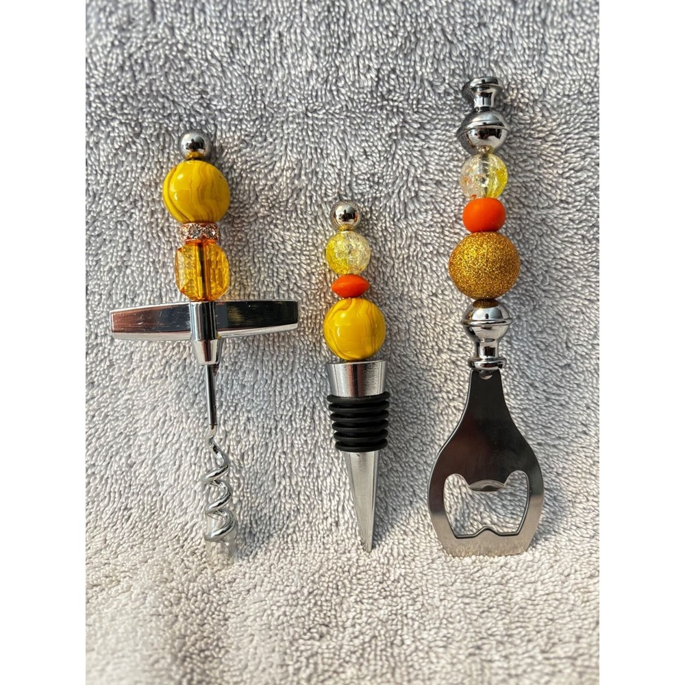 Beaded Barware Set 3pc Yellow Orange Corkscrew Bottle Stopper Opener Handmade